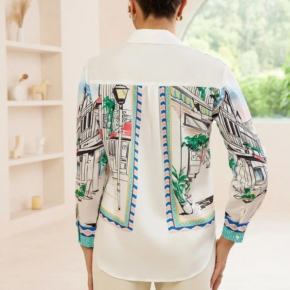 White Boho Womens Street View Print Button Up Shirt - Picture 2 of 5